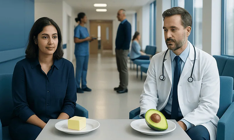 Doctor and patient with healthy fats on table in hospital corridor.
