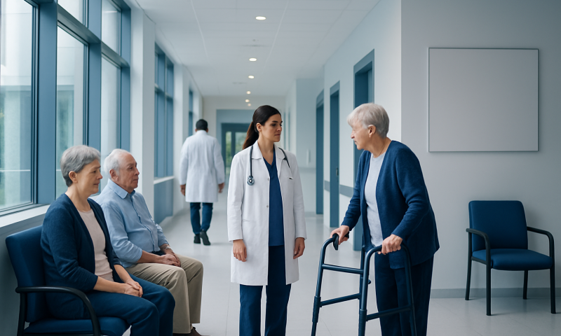Osteomalacia vs Osteoporosis: Key Differences and How Doctors Tell Them Apart 9 Senior woman with walker in hospital corridor with medical staff and patients.