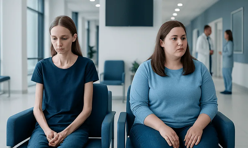 Anorexia vs Bulimia: Key Differences and How Doctors Tell Them Apart 16 Two women waiting in a medical clinic, looking worried and anxious.