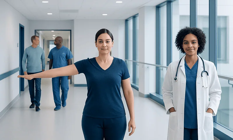 Medical professionals in a hospital corridor demonstrating patient care.