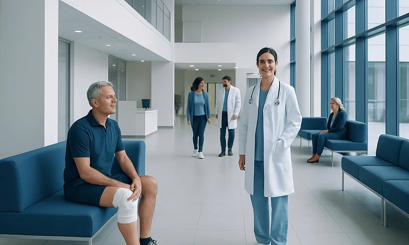 Patient consulting with doctor in modern hospital lobby.