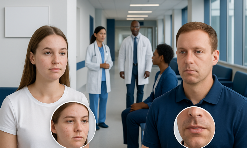 Medical consultation with doctors and patients in a hospital corridor.