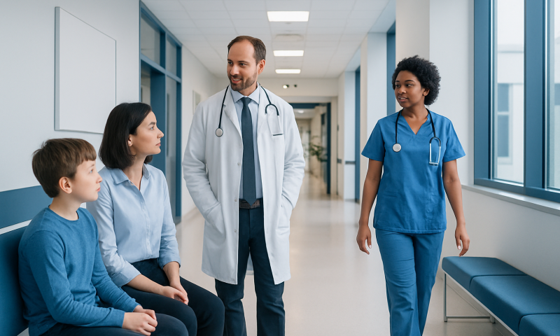 Doctor talking to children and nurse in hospital corridor.