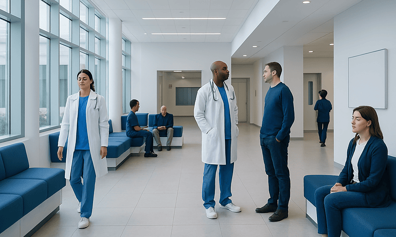 Healthcare professionals and patients in a modern hospital waiting area.