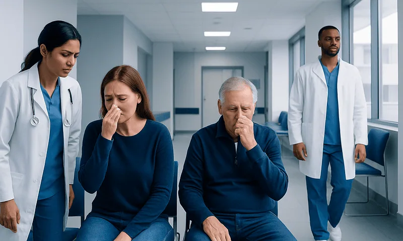 Patients experiencing allergy symptoms in a hospital waiting area.