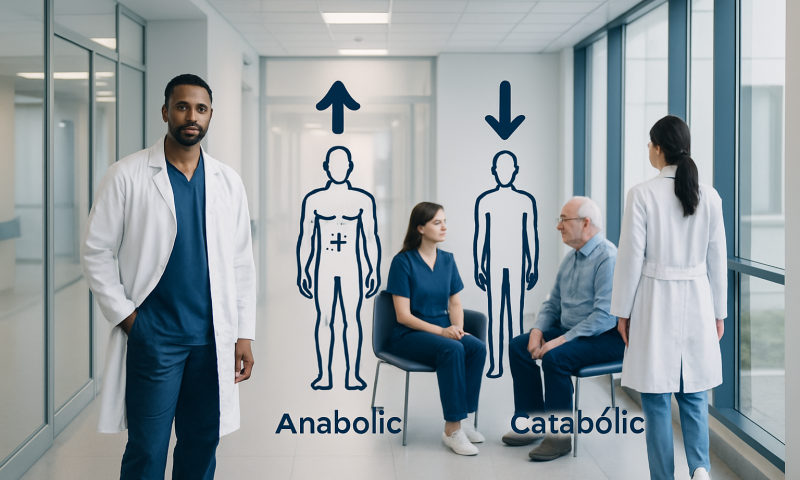 Medical professionals discuss anabolic and catabolic processes in a hospital setting.