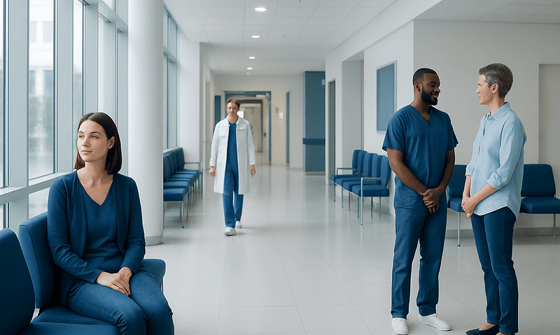 Healthcare professionals and patient in a modern hospital corridor.