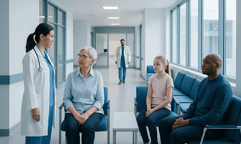 Normal Platelet count by Age: Charts, Ranges, and What Your Numbers Mean 15 Doctor consulting with elderly patient and family in hospital corridor.