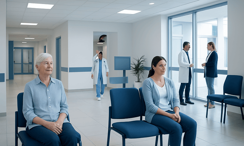 Patients waiting in a hospital corridor with medical staff in the background.