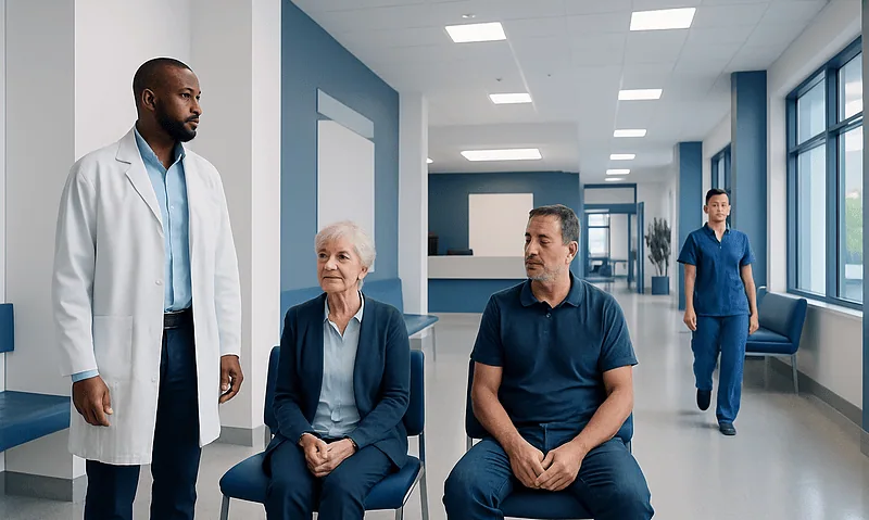 Doctor consulting elderly patient in hospital corridor with two other patients nearby.