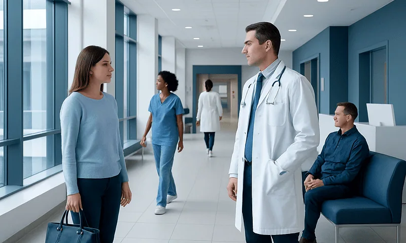 Doctor talking to a patient in a hospital corridor with medical staff in background.