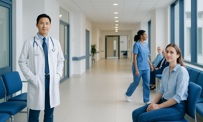 Healthcare professionals and patients in a modern hospital corridor.