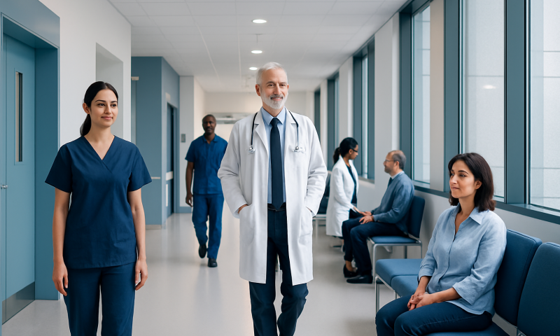 Medical team in hospital corridor with patients and staff.