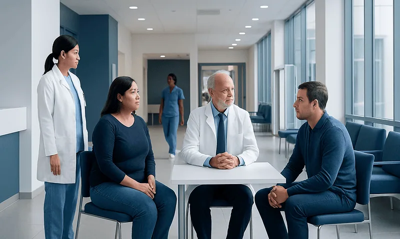 Doctor consulting with patients in a hospital corridor at Acibadem Hospitals Group.
