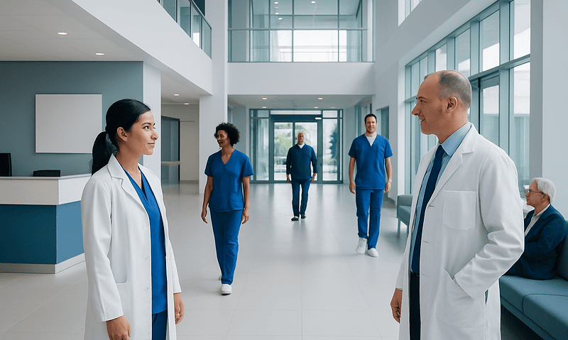 Doctors and nurses in a modern hospital lobby engaging in conversation.
