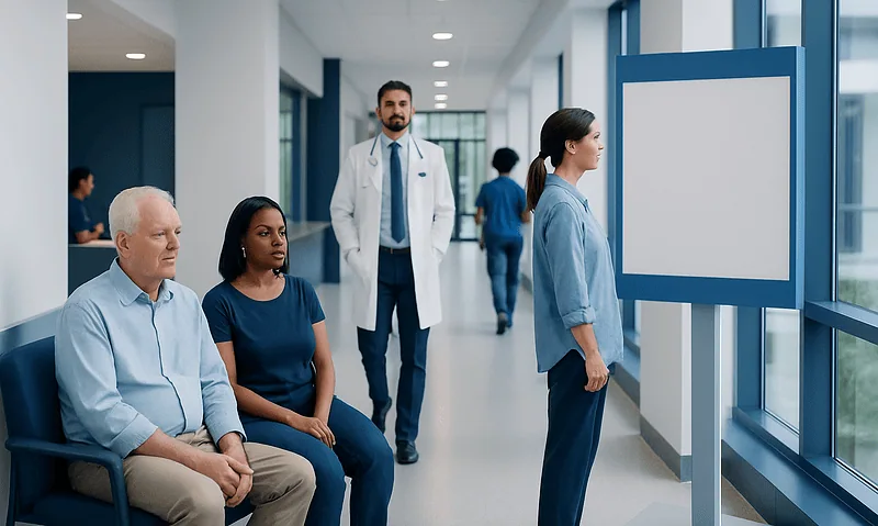 Patients waiting in a hospital corridor with a doctor and nurse nearby.