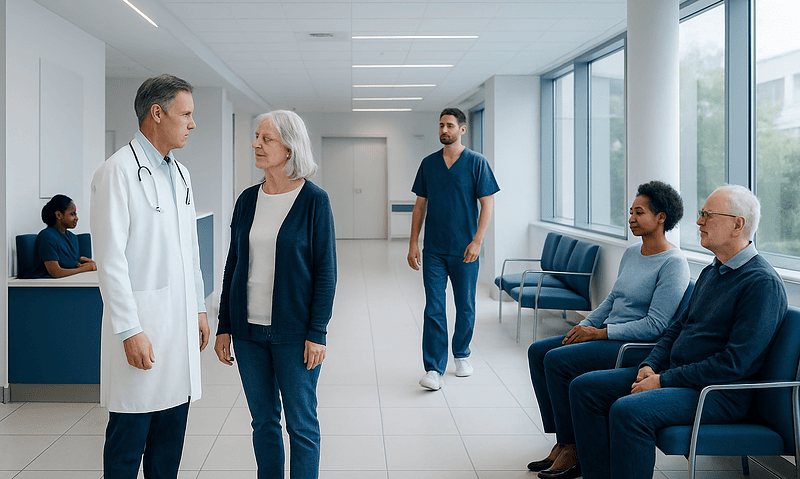 Doctor consulting elderly woman in hospital corridor with waiting patients.