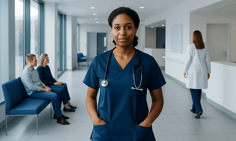 Healthcare professional in a hospital corridor with patients waiting.