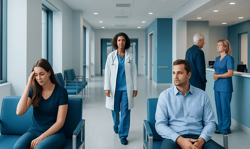 Patients waiting in a hospital corridor with medical staff in the background.