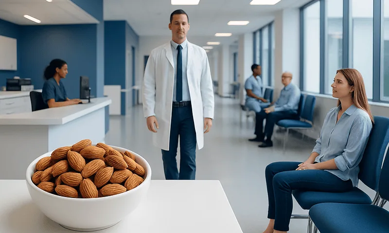 Doctor discussing health benefits of almonds with patient in hospital.