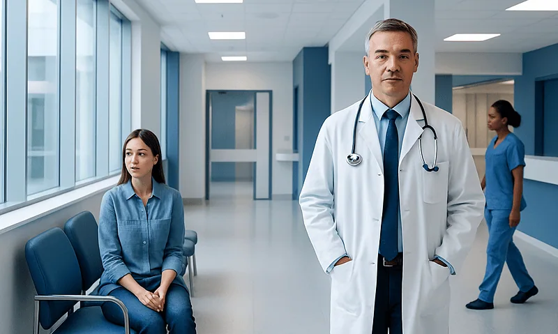 Doctor and patient in hospital corridor at Acibadem Hospitals Group.