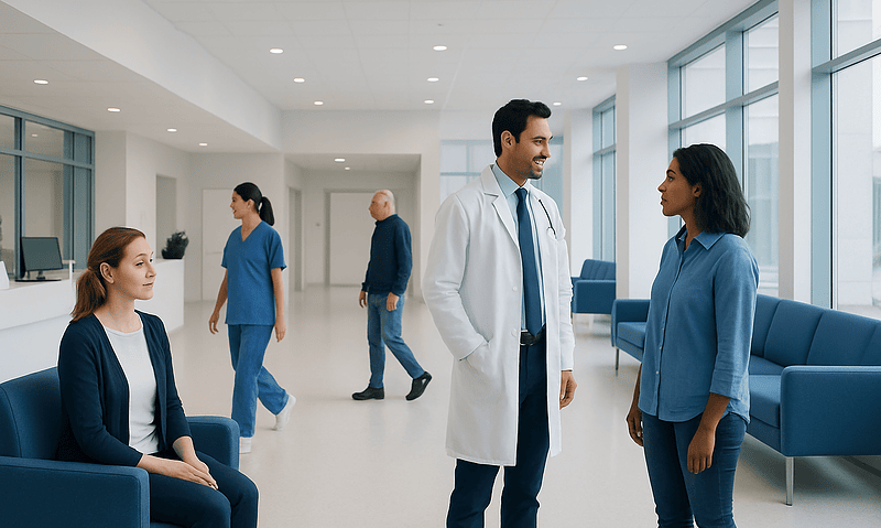Hospital staff and patient in a modern healthcare facility.