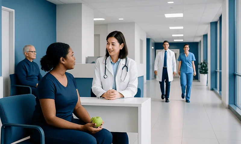 Are Apples Good for Diabetics? A Doctor-Reviewed Answer 4 Doctor consulting a patient in a modern hospital corridor.
