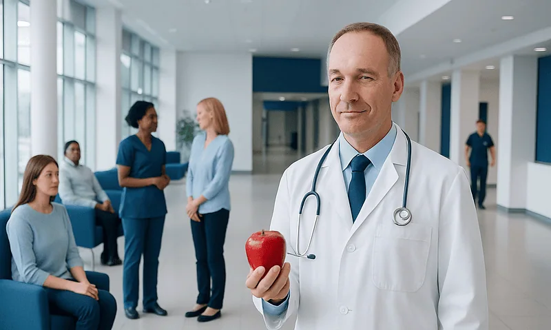 Doctor holding an apple in a hospital corridor with patients and staff in background.