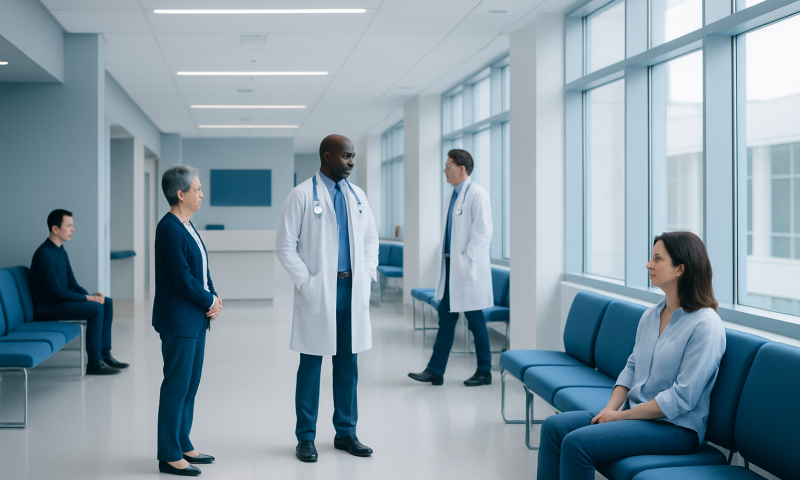 Medical team discussing patient care in hospital corridor.