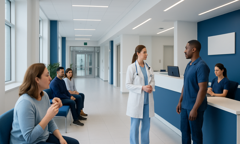 Hospital waiting area with patients and healthcare staff.