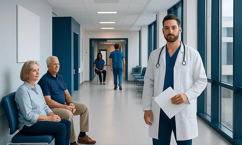 Doctor with stethoscope and clipboard in hospital corridor with patients.