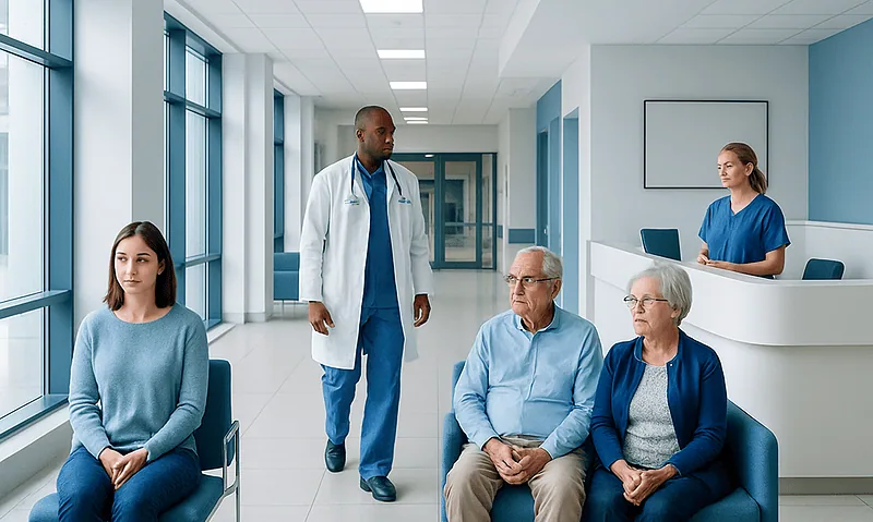 Medical consultation with patients in a hospital waiting area.