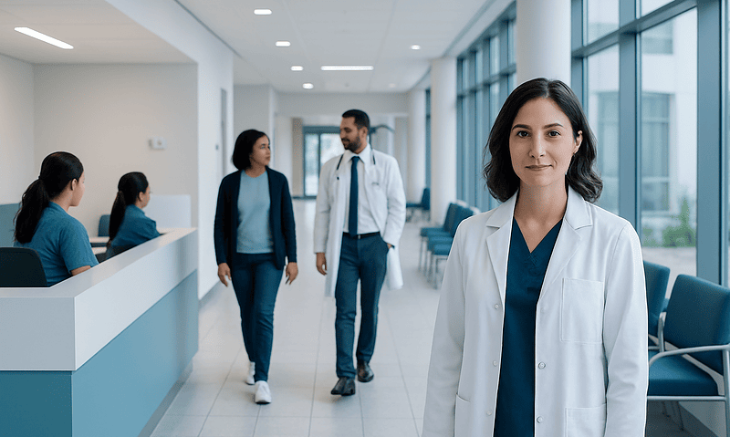 Healthcare professionals in a modern hospital corridor with large windows.