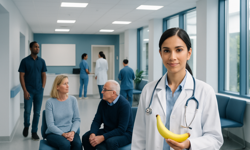 Female doctor holding a banana in a hospital corridor with patients and staff.