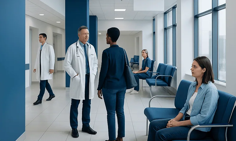 Are Bananas Acidic? Causes, Explanations, and Next Steps 12 Doctors and patients in a modern hospital corridor with large windows.