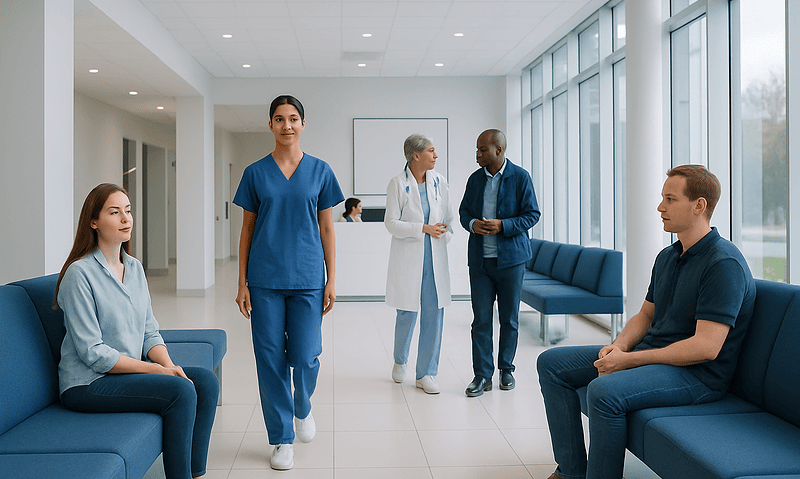 Hospital waiting area with medical staff and patients in a modern healthcare facility.