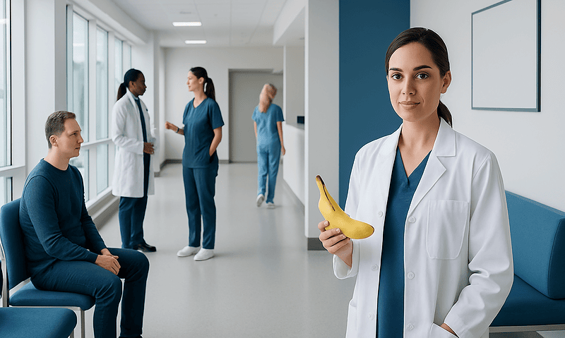 Doctor holding a banana in a hospital corridor with patients and staff.
