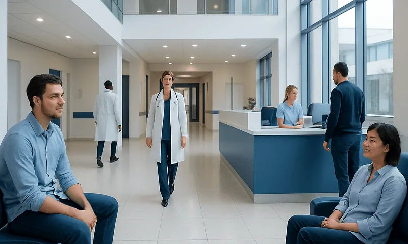 Modern hospital interior with medical staff and patients in a bright, spacious lobby.