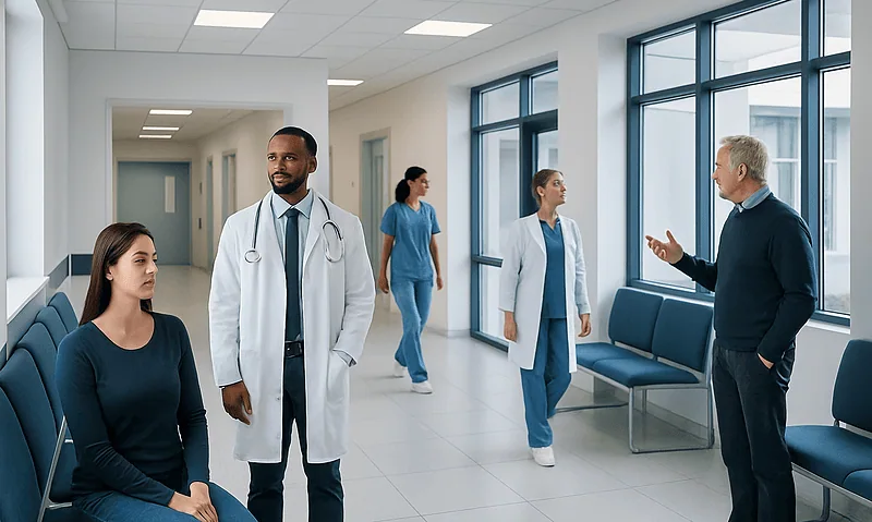 Medical professionals and patient in hospital corridor at Acibadem Hospitals Group.