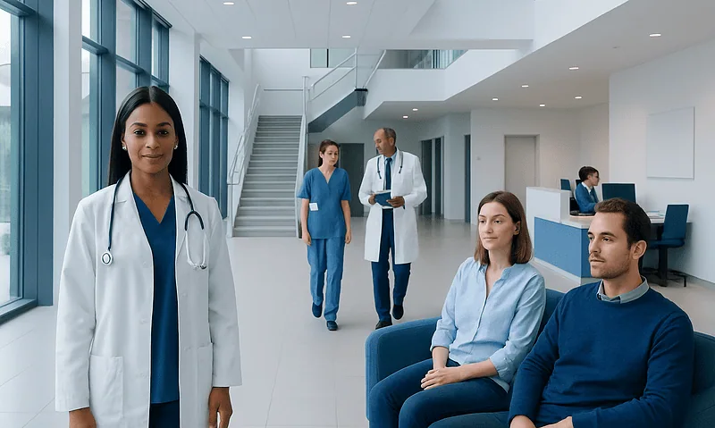 Healthcare professionals and patients in a modern hospital lobby.