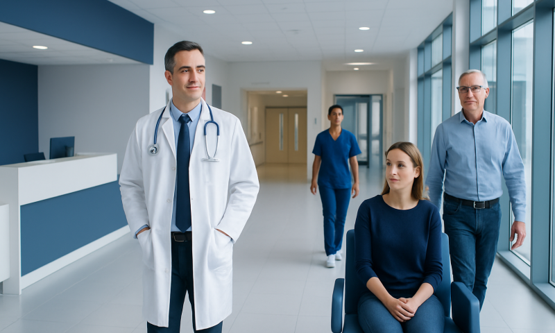 Medical team with doctor and patient in hospital corridor.