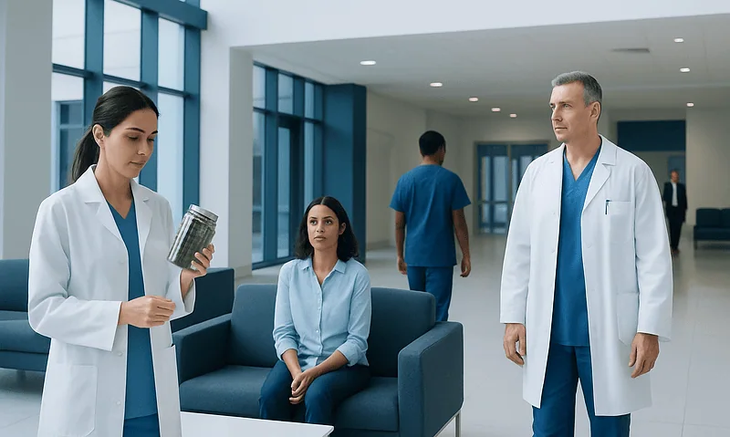 Medical professionals in hospital lobby with patient and staff in background.