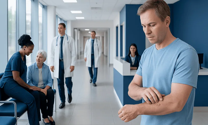 Patient waiting in hospital corridor with medical staff nearby.