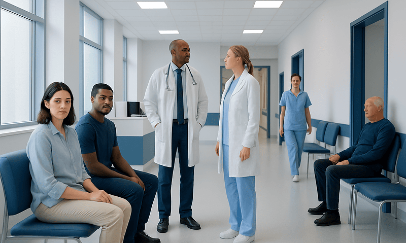Medical team consulting patients in a hospital corridor.