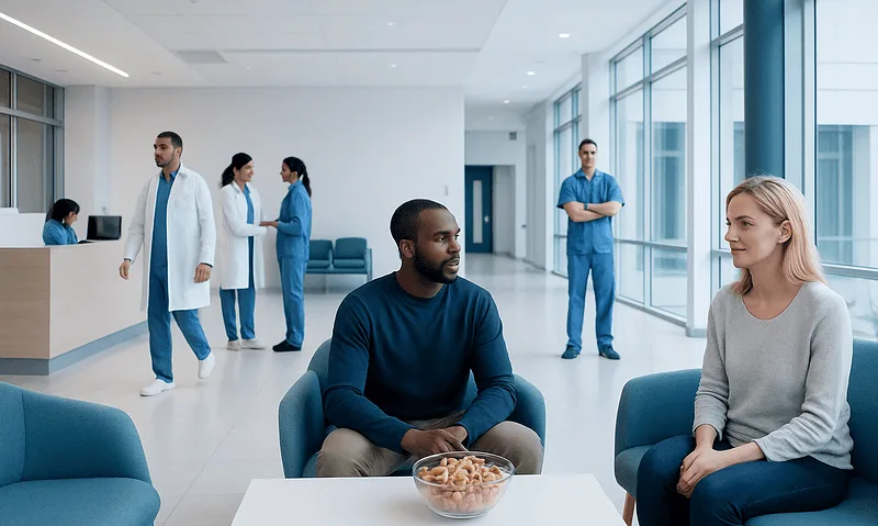 Hospital waiting area with medical staff and patients in a modern facility.