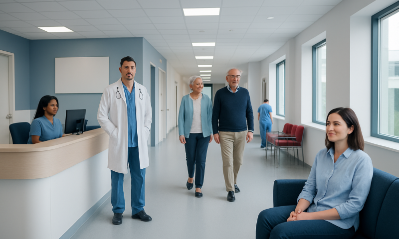 Hospital corridor with medical staff and patients in a modern healthcare facility.