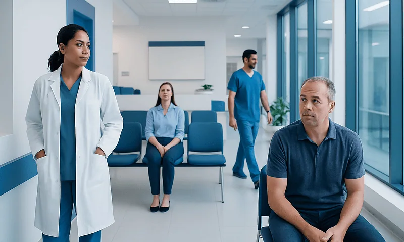 Medical consultation in a modern hospital waiting area with healthcare professionals and patients.