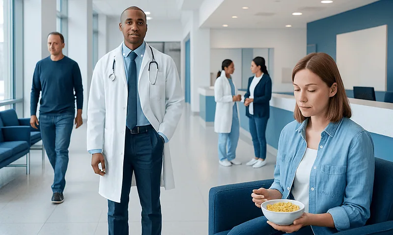 Healthcare professionals and a patient in a modern hospital lobby.