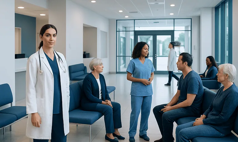 Medical staff consulting with patients in a modern hospital waiting area.