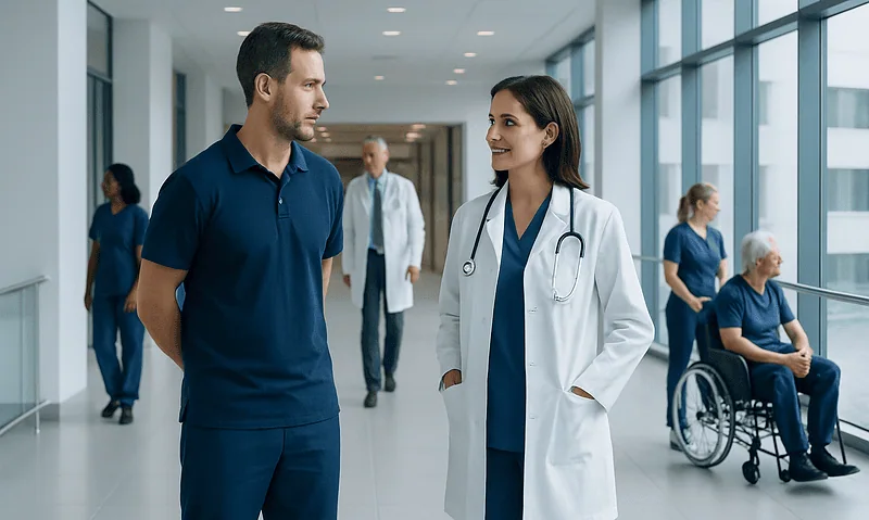 Are Chiropractors Doctors? A Doctor-Reviewed Answer 9 Medical professionals and patients in a hospital corridor.